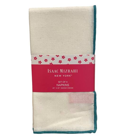 Isaac Mizrahi Spring Cotton Cloth Napkins 20x20 Embroidered Turquoise White NEW - Picture 2 of 8